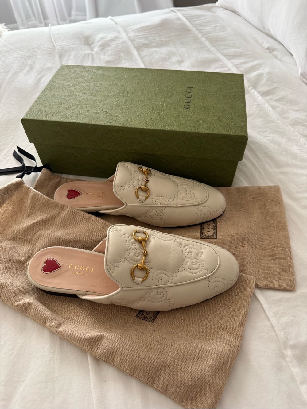 Gucci Cream Leather Horsebit Embossed Princetown Mules